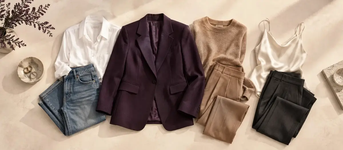 Plum blazer ile beyaz gömlek, kot ve klasik pantolon seçenekleri