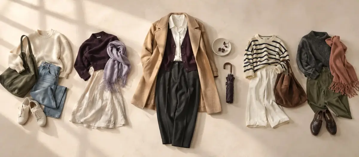 Several morning outfit options narrowing into one layered look at the centre