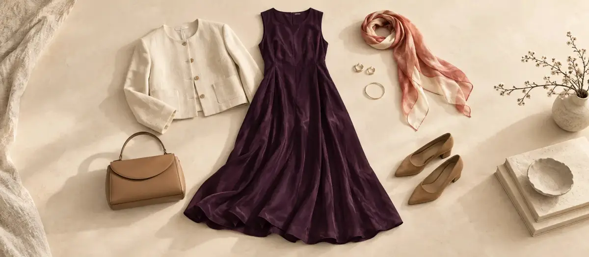 Plum midi elbise, krem ceket, camel ayakkabı ve coral şal