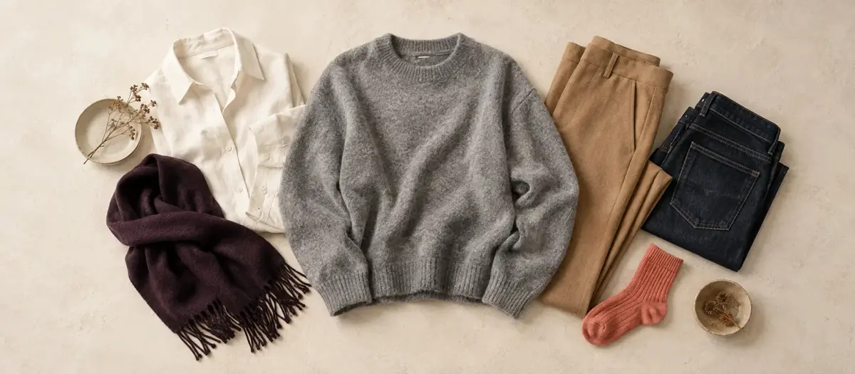 Gri triko çevresinde beyaz, camel, denim, plum ve coral parçalar