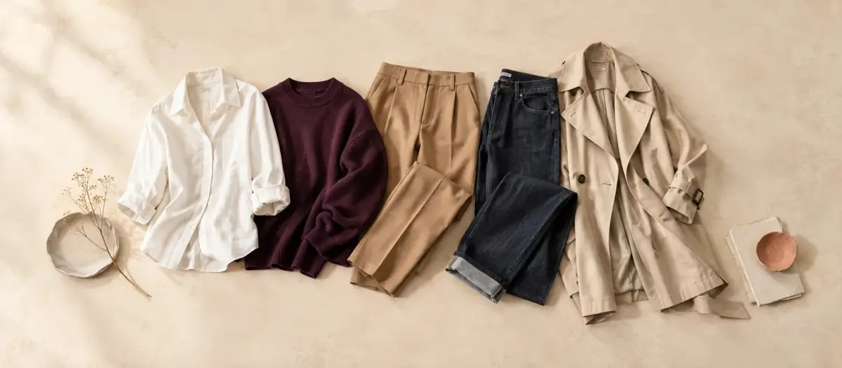 A capsule wardrobe flat lay with an ivory shirt, plum knit, camel trousers, dark denim and a trench coat