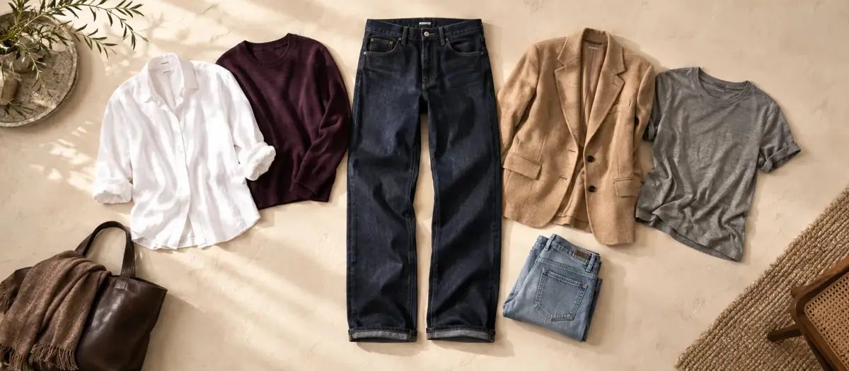 Koyu indigo kot pantolon çevresinde beyaz, plum, camel ve gri üstler