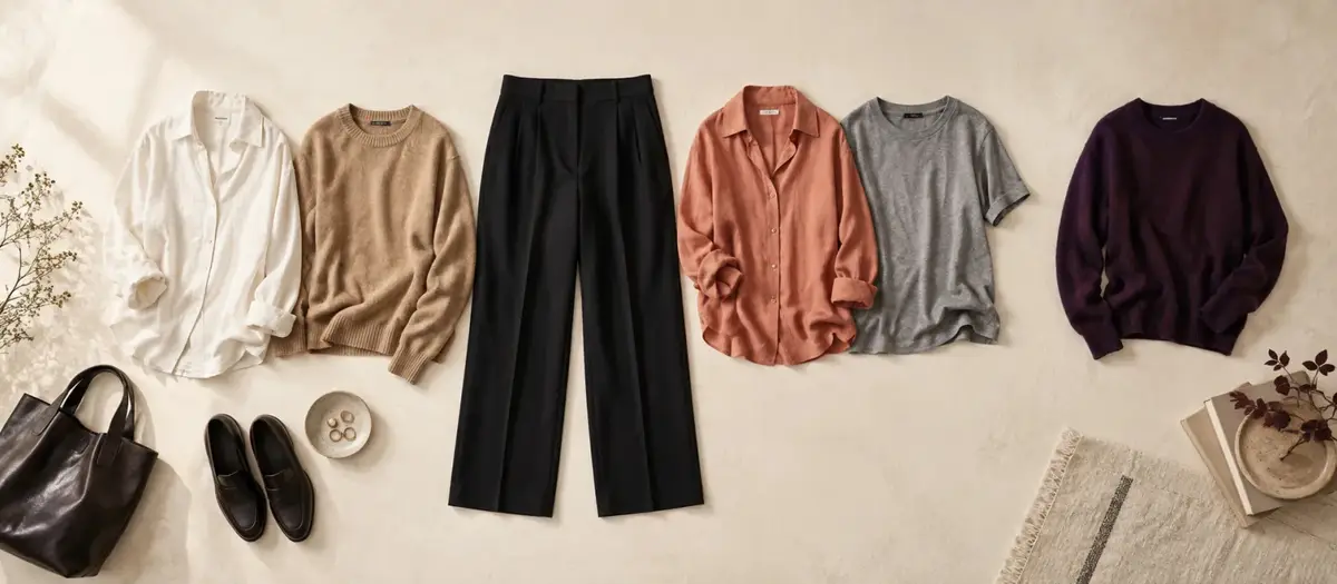 Siyah pantolon çevresinde beyaz, camel, coral, gri ve plum üst seçenekleri