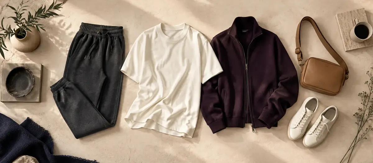 Antrasit eşofman, beyaz tişört, plum üst ve krem sneaker ile özenli spor kombin
