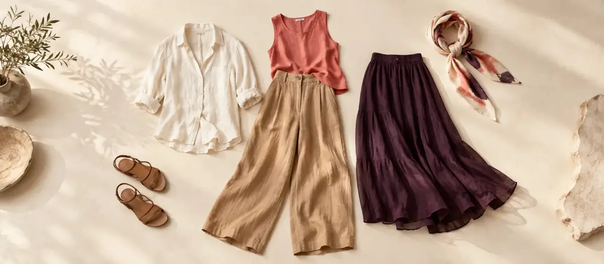 Keten gömlek, coral üst, camel pantolon ve plum etekle hafif yaz kombinleri